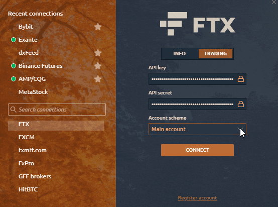 Selection of FTX Account types in Quantower